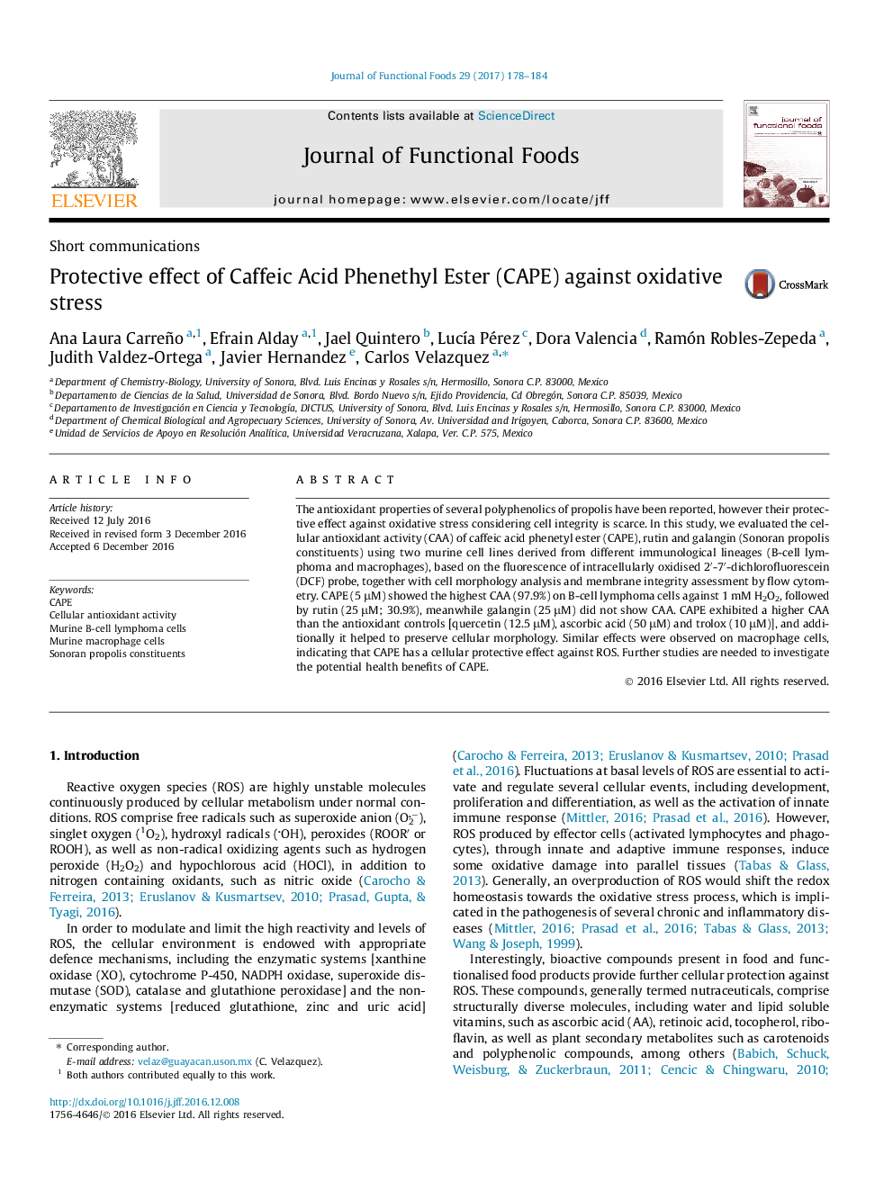 عکس صفحه اول مقاله: Protective effect of Caffeic Acid Phenethyl Ester (CAPE) against oxidative stress Protective effect of Caffeic Acid Phenethyl Ester (CAPE) against oxidative stress