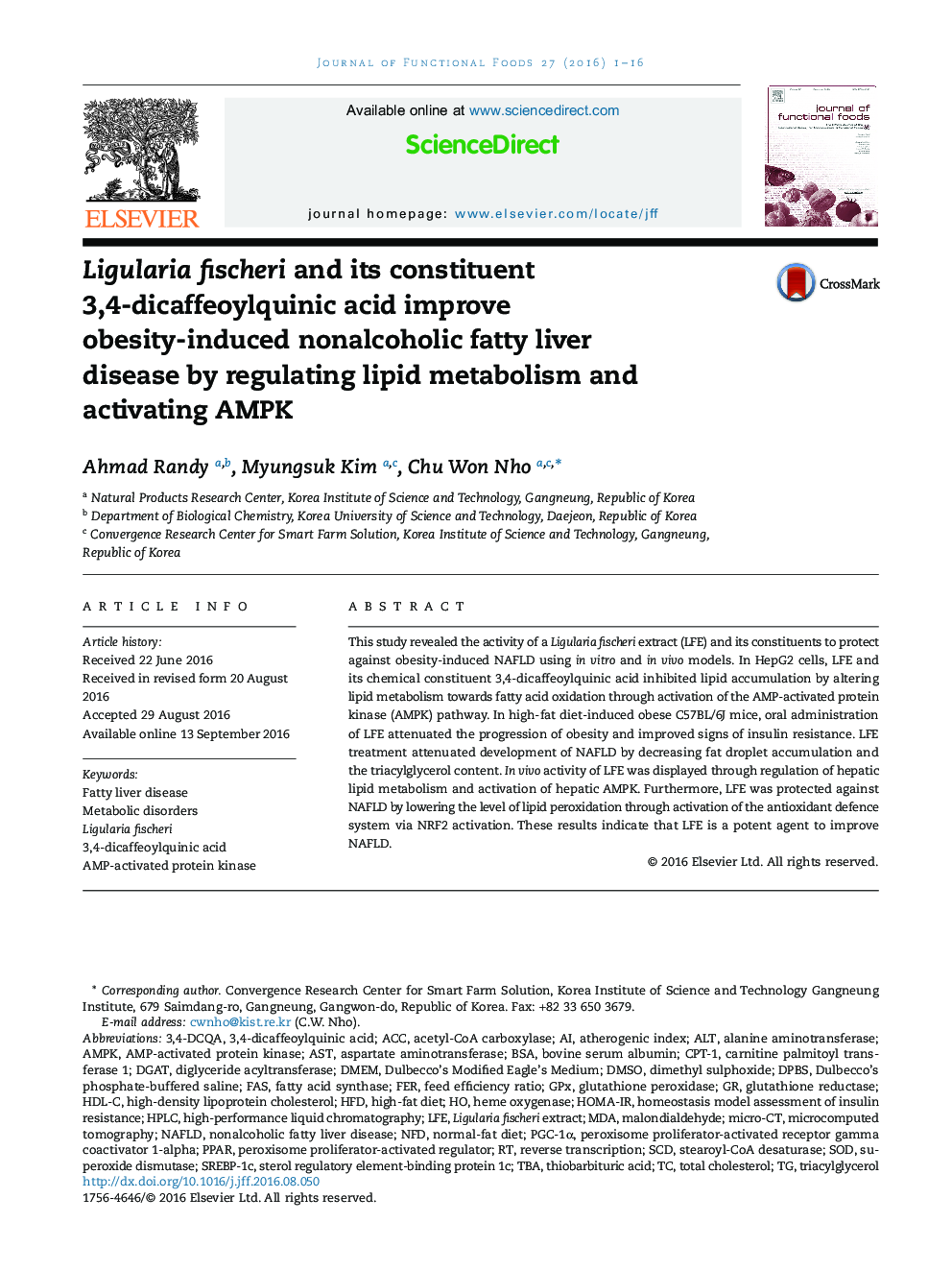 Ligularia fischeri and its constituent 3,4-dicaffeoylquinic acid improve obesity-induced nonalcoholic fatty liver disease by regulating lipid metabolism and activating AMPK