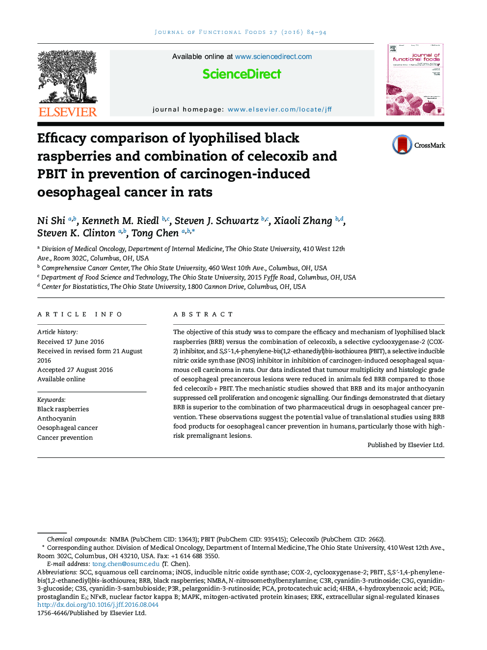 Efficacy comparison of lyophilised black raspberries and combination of celecoxib and PBIT in prevention of carcinogen-induced oesophageal cancer in rats