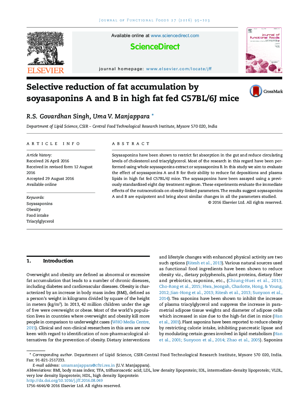 Selective reduction of fat accumulation by soyasaponins A and B in high fat fed C57BL/6J mice