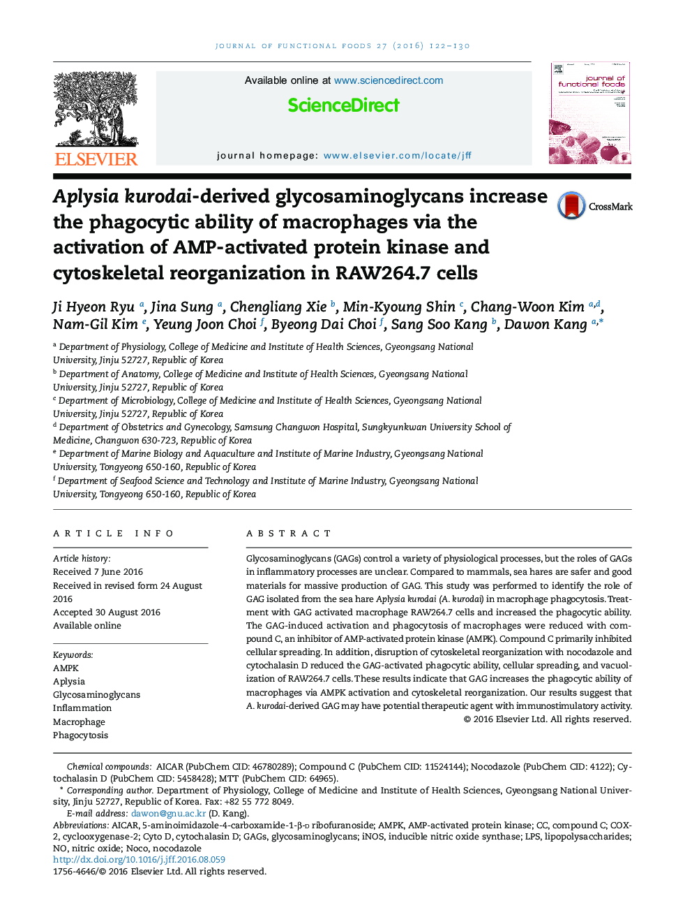 Aplysia kurodai-derived glycosaminoglycans increase the phagocytic ability of macrophages via the activation of AMP-activated protein kinase and cytoskeletal reorganization in RAW264.7 cells