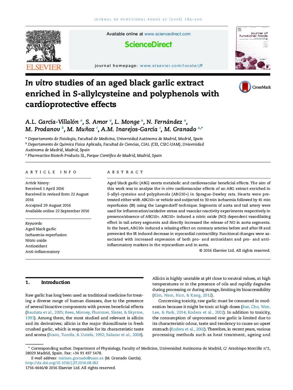 In vitro studies of an aged black garlic extract enriched in S-allylcysteine and polyphenols with cardioprotective effects