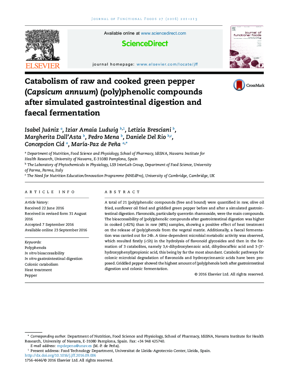 Catabolism of raw and cooked green pepper (Capsicum annuum) (poly)phenolic compounds after simulated gastrointestinal digestion and faecal fermentation
