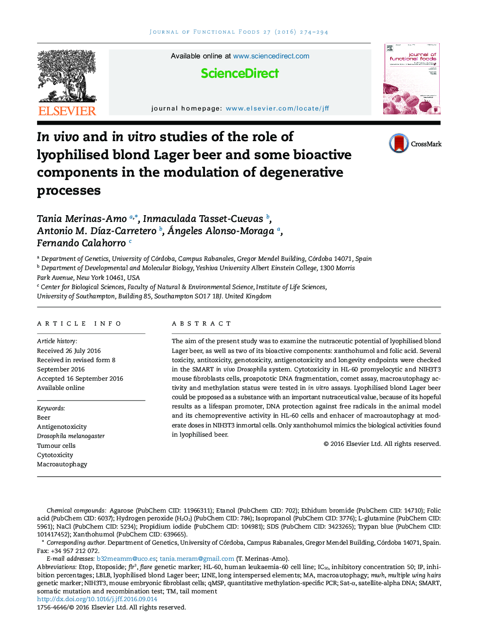 In vivo and in vitro studies of the role of lyophilised blond Lager beer and some bioactive components in the modulation of degenerative processes