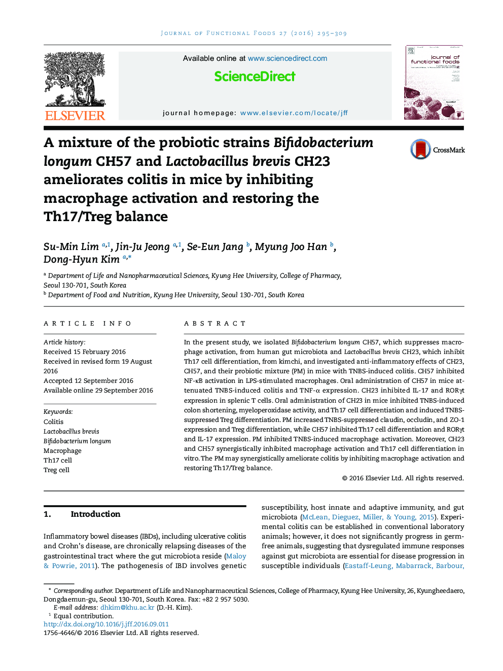 A mixture of the probiotic strains Bifidobacterium longum CH57 and Lactobacillus brevis CH23 ameliorates colitis in mice by inhibiting macrophage activation and restoring the Th17/Treg balance