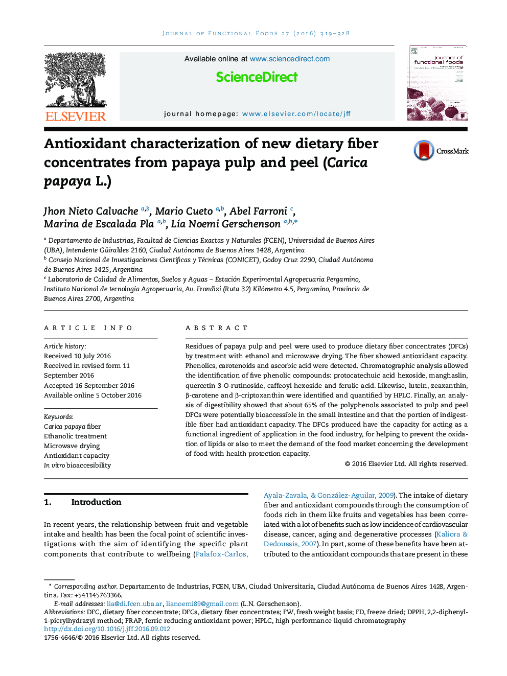 Antioxidant characterization of new dietary fiber concentrates from papaya pulp and peel (Carica papaya L.)