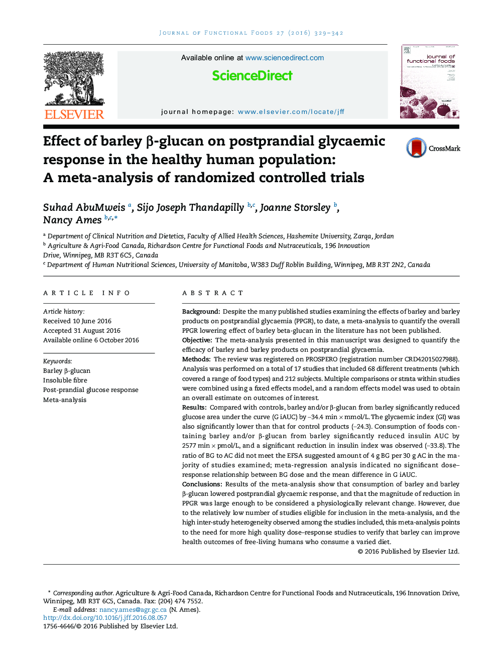Effect of barley Î²-glucan on postprandial glycaemic response in the healthy human population: A meta-analysis of randomized controlled trials