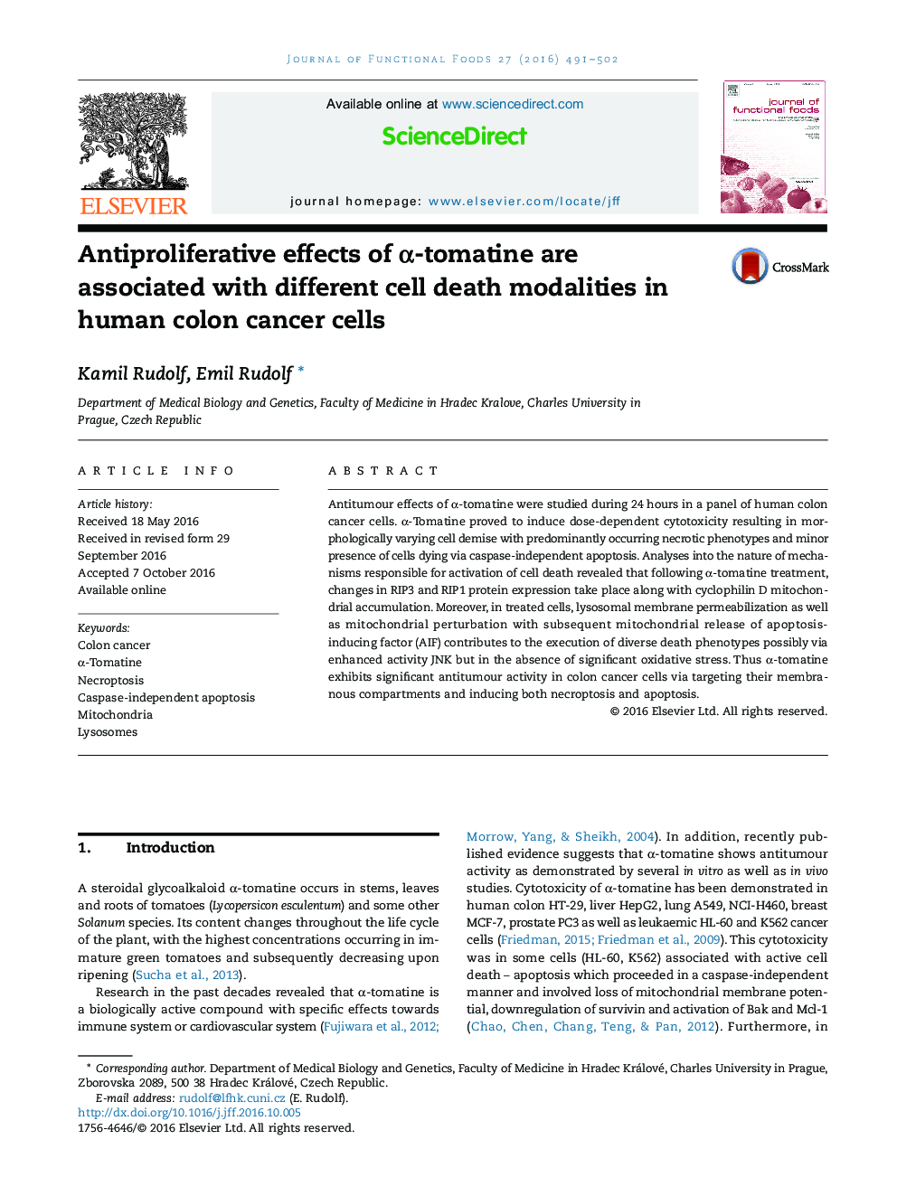 Antiproliferative effects of Î±-tomatine are associated with different cell death modalities in human colon cancer cells