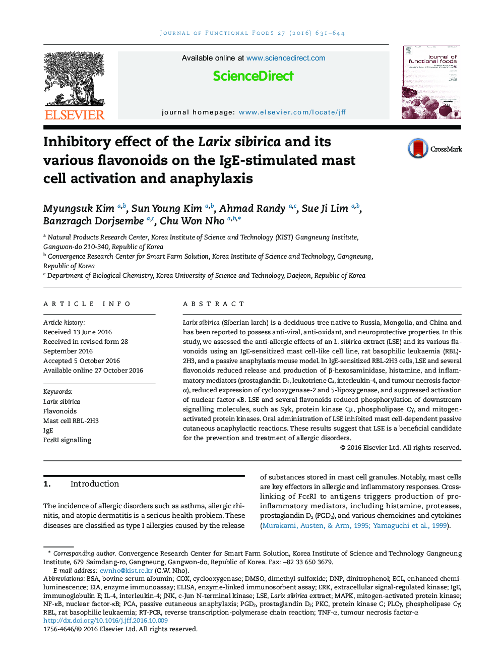 Inhibitory effect of the Larix sibirica and its various flavonoids on the IgE-stimulated mast cell activation and anaphylaxis