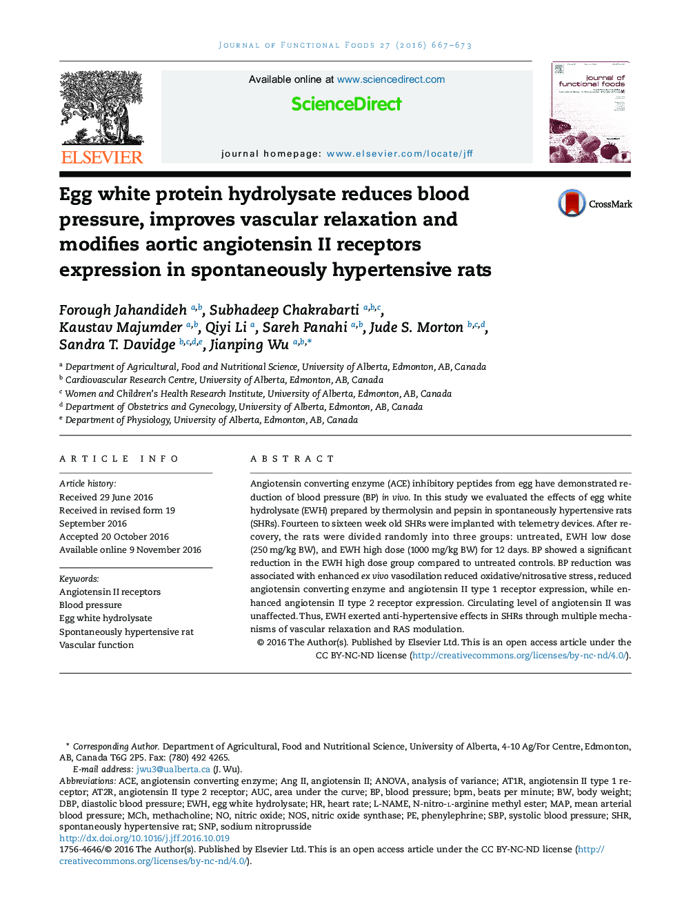 Egg white protein hydrolysate reduces blood pressure, improves vascular relaxation and modifies aortic angiotensin II receptors expression in spontaneously hypertensive rats