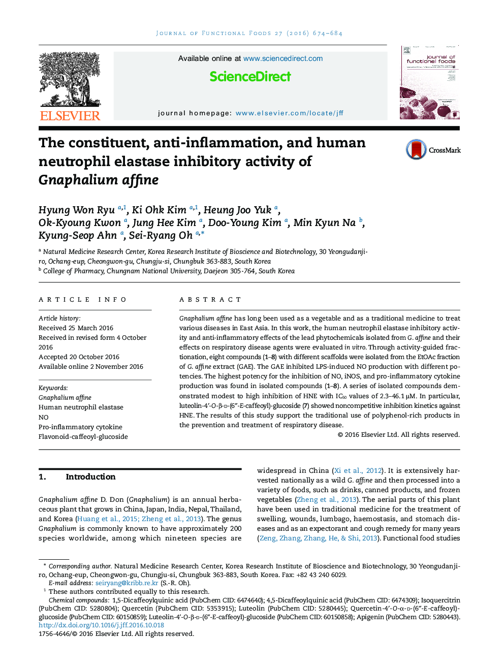 The constituent, anti-inflammation, and human neutrophil elastase inhibitory activity of Gnaphalium affine