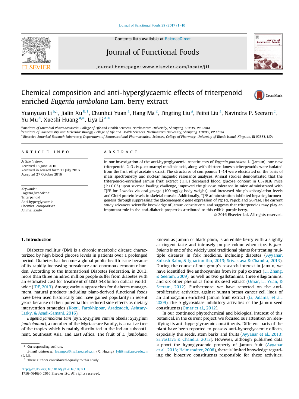 عکس صفحه اول مقاله: Chemical composition and anti-hyperglycaemic effects of triterpenoid enriched Eugenia jambolana Lam. berry extract Chemical composition and anti-hyperglycaemic effects of triterpenoid enriched Eugenia jambolana Lam. berry extract