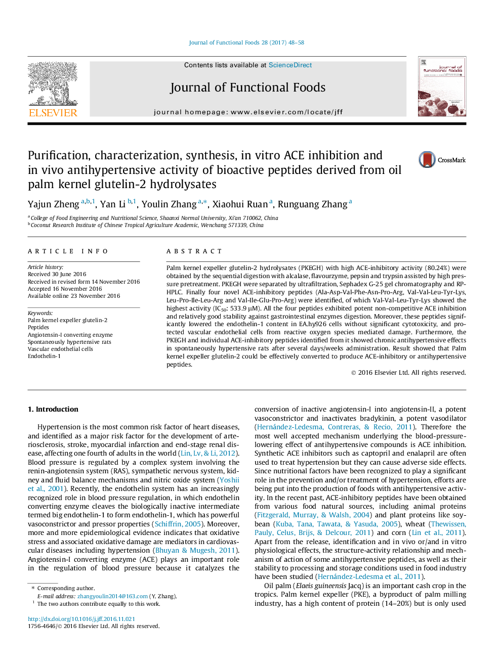 عکس صفحه اول مقاله: Purification, characterization, synthesis, in vitro ACE inhibition and in vivo antihypertensive activity of bioactive peptides derived from oil palm kernel glutelin-2 hydrolysates Purification, characterization, synthesis, in vitro ACE inhibition and in vivo antihypertensive activity of bioactive peptides derived from oil palm kernel glutelin-2 hydrolysates