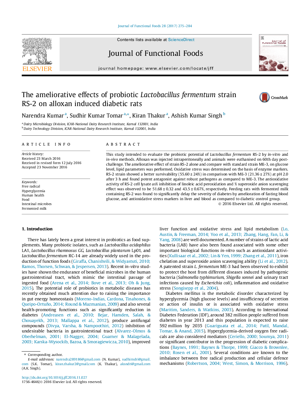 The ameliorative effects of probiotic Lactobacillus fermentum strain RS-2 on alloxan induced diabetic rats