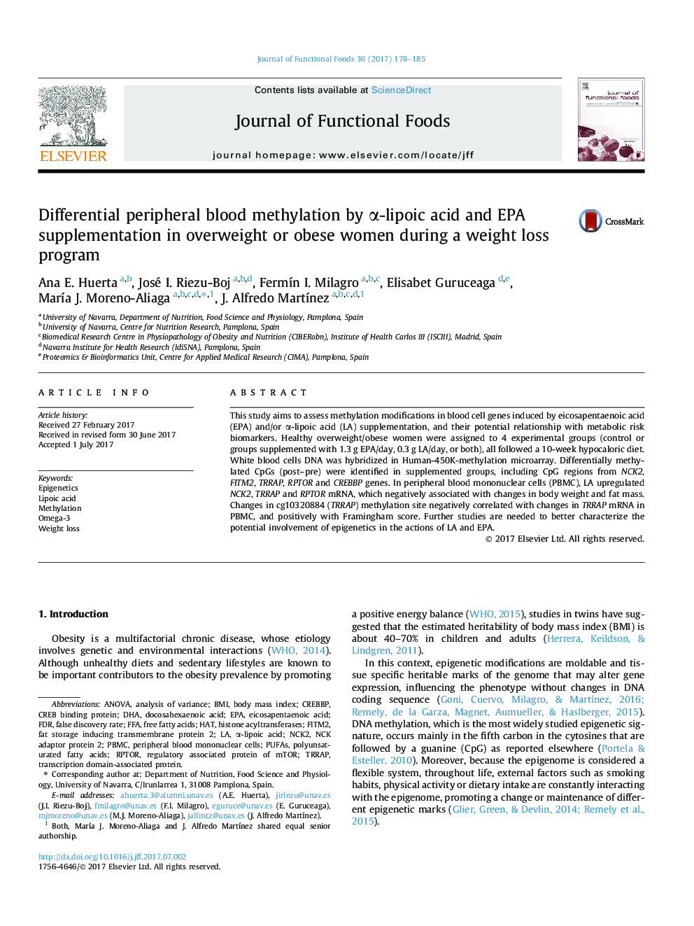 Differential peripheral blood methylation by Î±-lipoic acid and EPA supplementation in overweight or obese women during a weight loss program