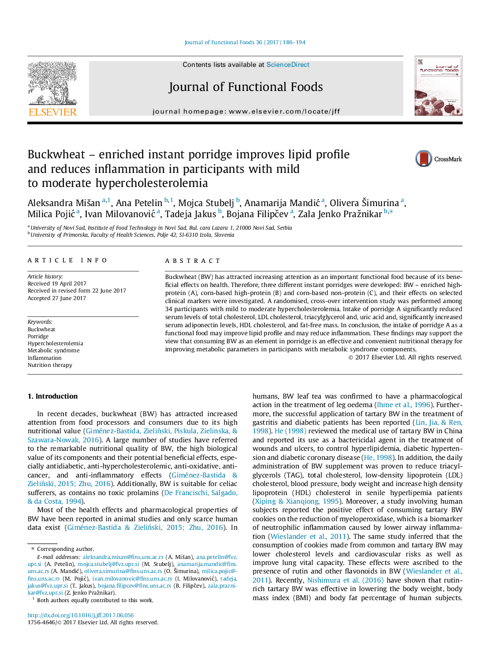 Buckwheat - enriched instant porridge improves lipid profile and reduces inflammation in participants with mild to moderate hypercholesterolemia