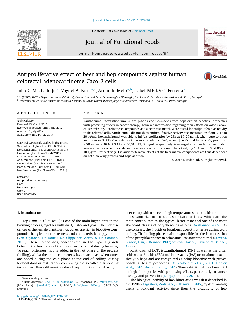 Antiproliferative effect of beer and hop compounds against human colorectal adenocarcinome Caco-2 cells