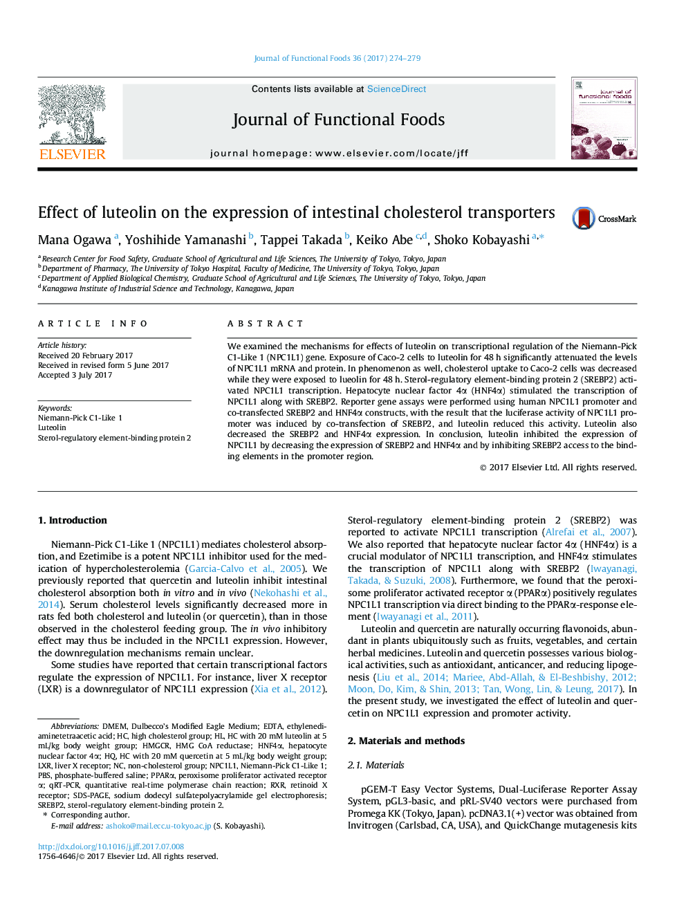 Effect of luteolin on the expression of intestinal cholesterol transporters