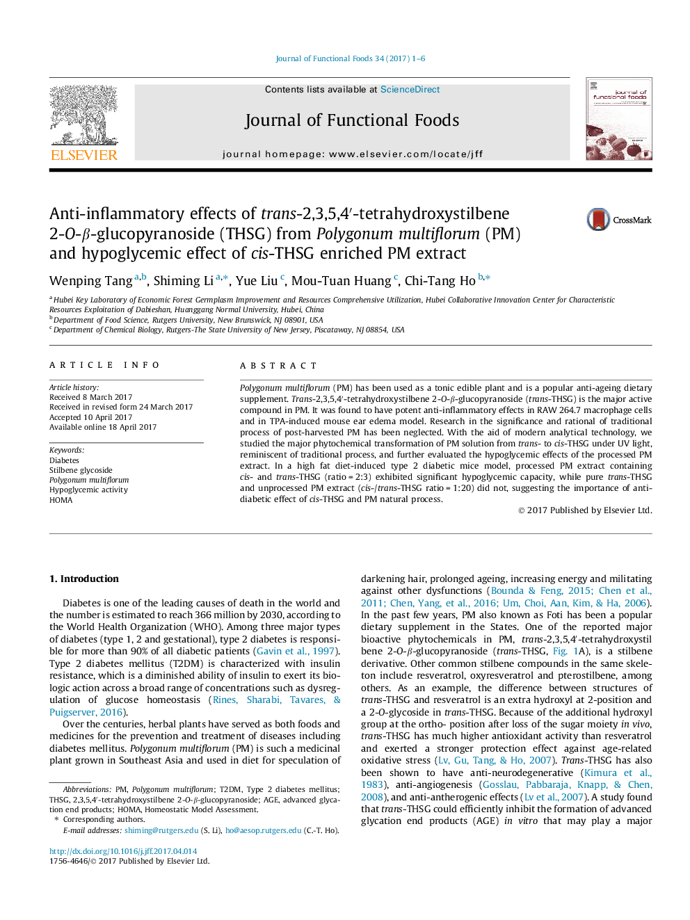 Anti-inflammatory effects of trans-2,3,5,4â²-tetrahydroxystilbene 2-O-Î²-glucopyranoside (THSG) from Polygonum multiflorum (PM) and hypoglycemic effect of cis-THSG enriched PM extract