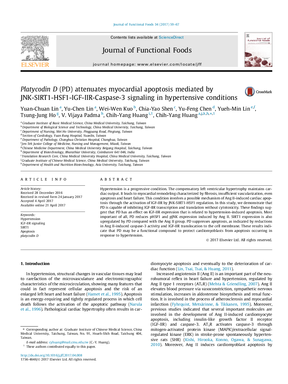 Platycodin D (PD) attenuates myocardial apoptosis mediated by JNK-SIRT1-HSF1-IGF-IIR-Caspase-3 signaling in hypertensive conditions