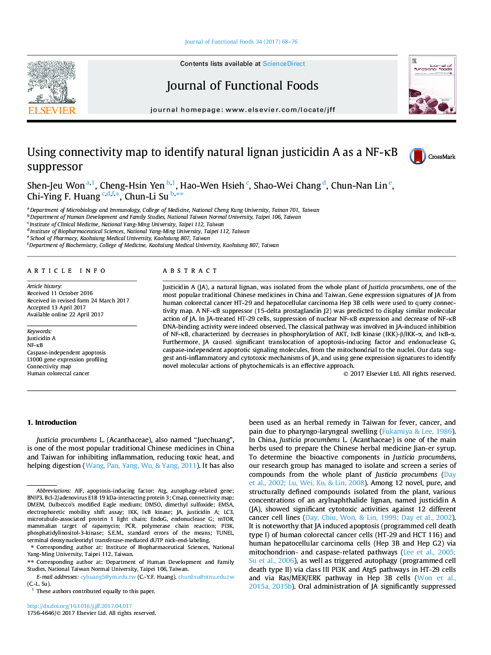 Using connectivity map to identify natural lignan justicidin A as a NF-ÎºB suppressor