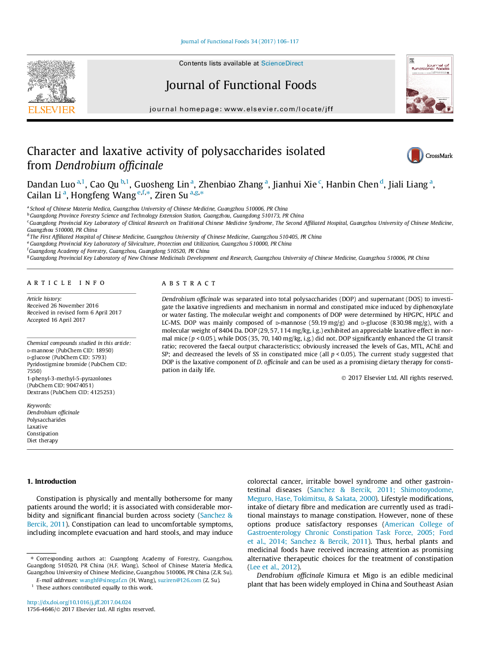 Character and laxative activity of polysaccharides isolated from Dendrobium officinale