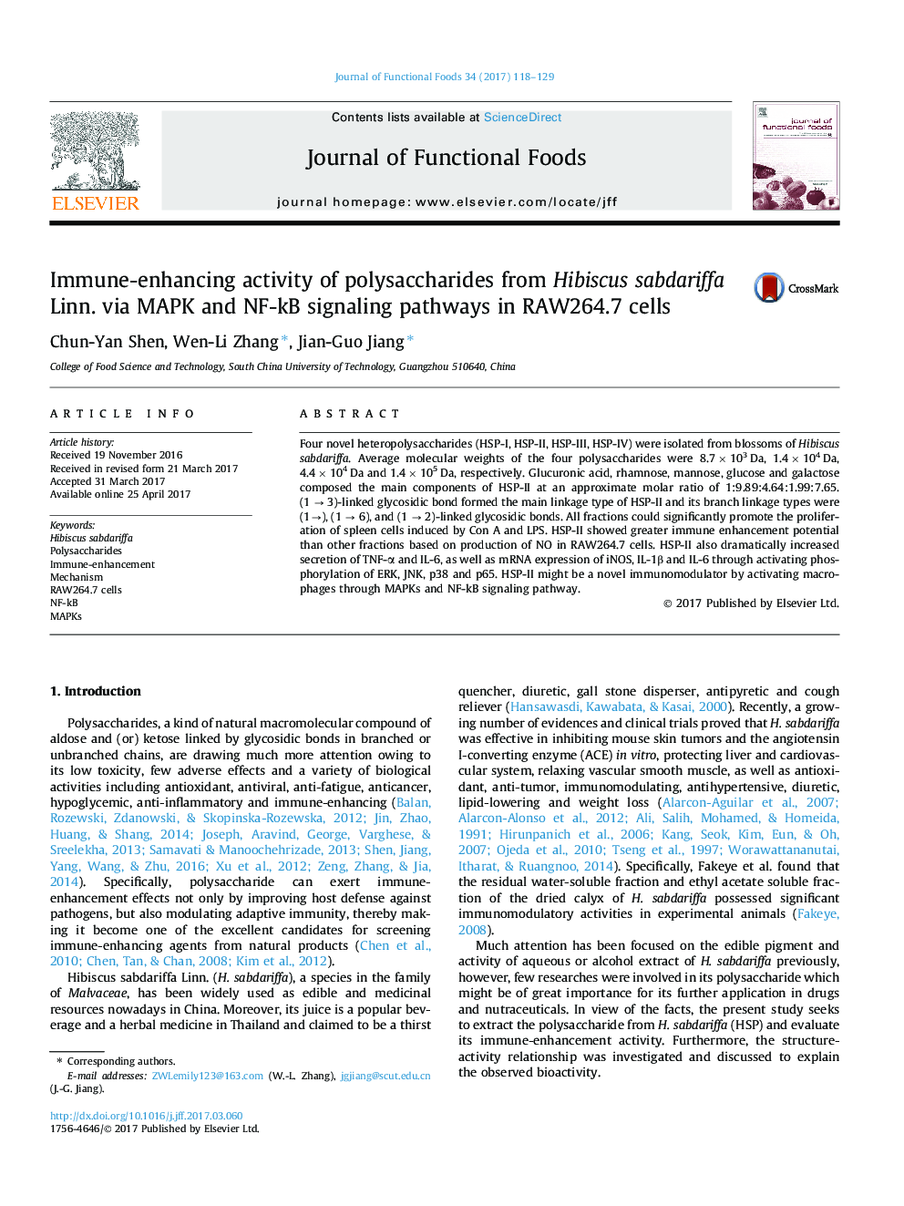 Immune-enhancing activity of polysaccharides from Hibiscus sabdariffa Linn. via MAPK and NF-kB signaling pathways in RAW264.7 cells