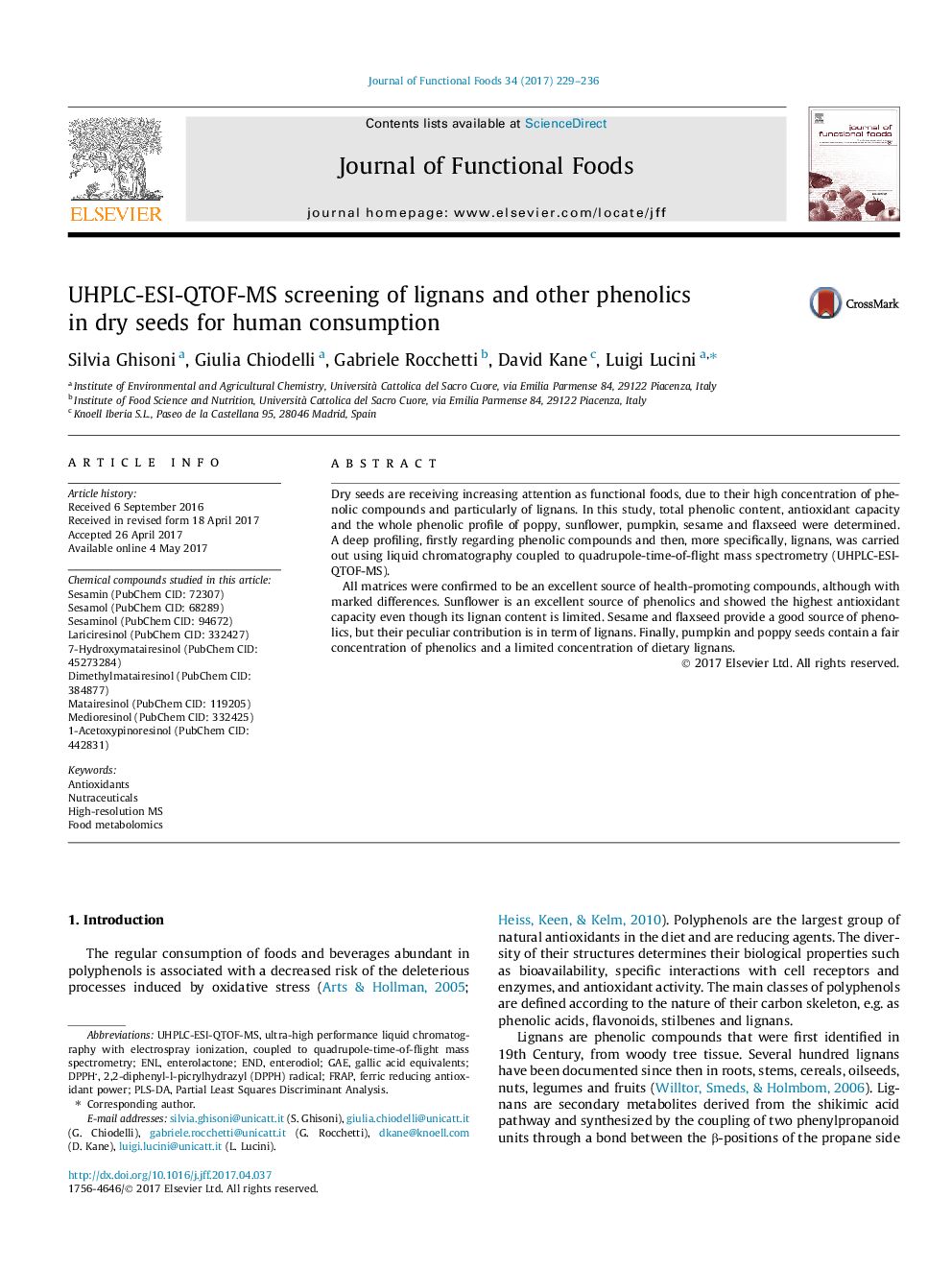 UHPLC-ESI-QTOF-MS screening of lignans and other phenolics in dry seeds for human consumption