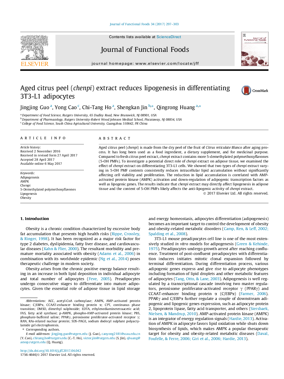 Aged citrus peel (chenpi) extract reduces lipogenesis in differentiating 3T3-L1 adipocytes