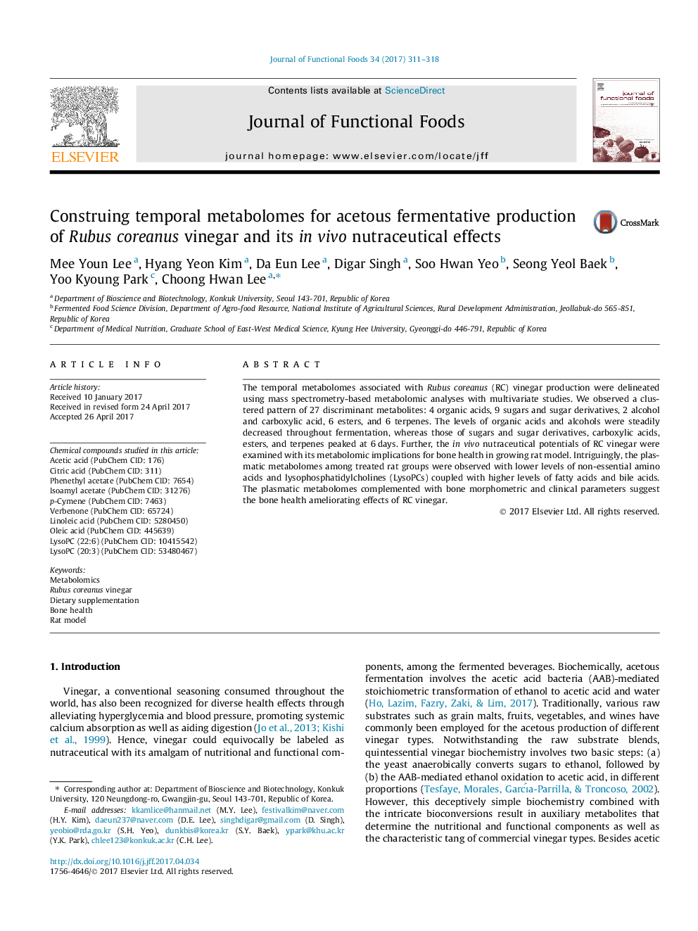 Construing temporal metabolomes for acetous fermentative production of Rubus coreanus vinegar and its in vivo nutraceutical effects