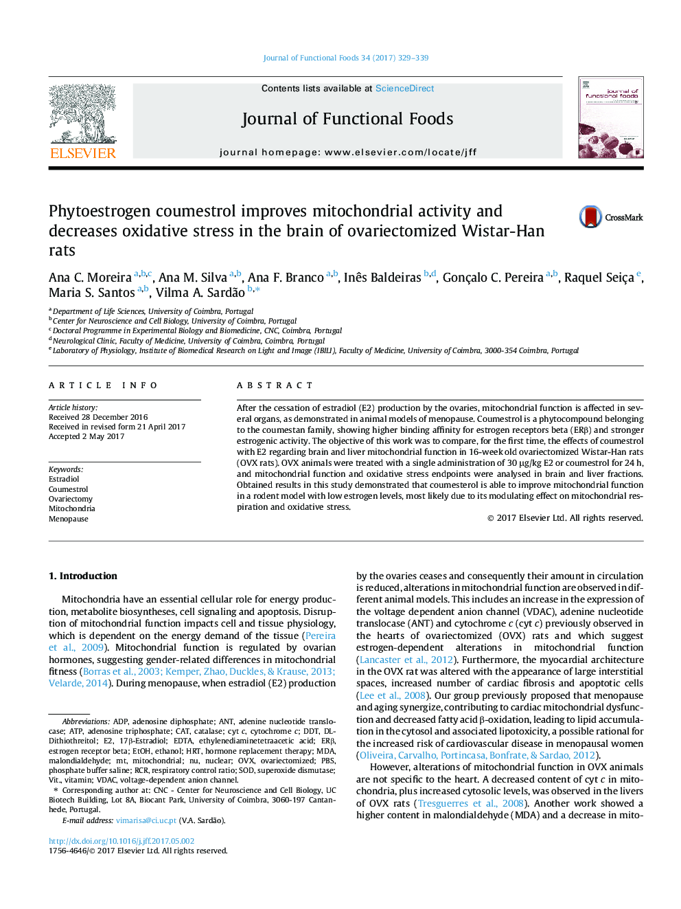 Phytoestrogen coumestrol improves mitochondrial activity and decreases oxidative stress in the brain of ovariectomized Wistar-Han rats