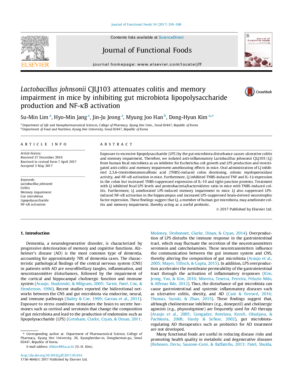 Lactobacillus johnsonii CJLJ103 attenuates colitis and memory impairment in mice by inhibiting gut microbiota lipopolysaccharide production and NF-ÎºB activation