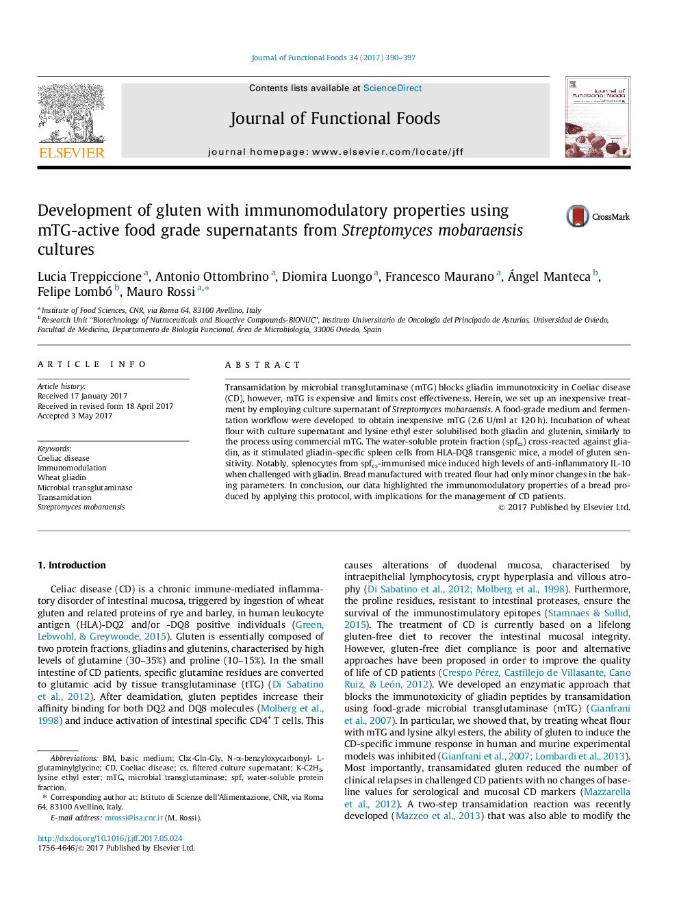 Development of gluten with immunomodulatory properties using mTG-active food grade supernatants from Streptomyces mobaraensis cultures