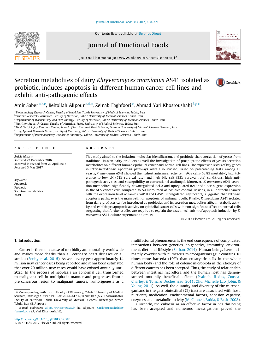 Secretion metabolites of dairy Kluyveromyces marxianus AS41 isolated as probiotic, induces apoptosis in different human cancer cell lines and exhibit anti-pathogenic effects