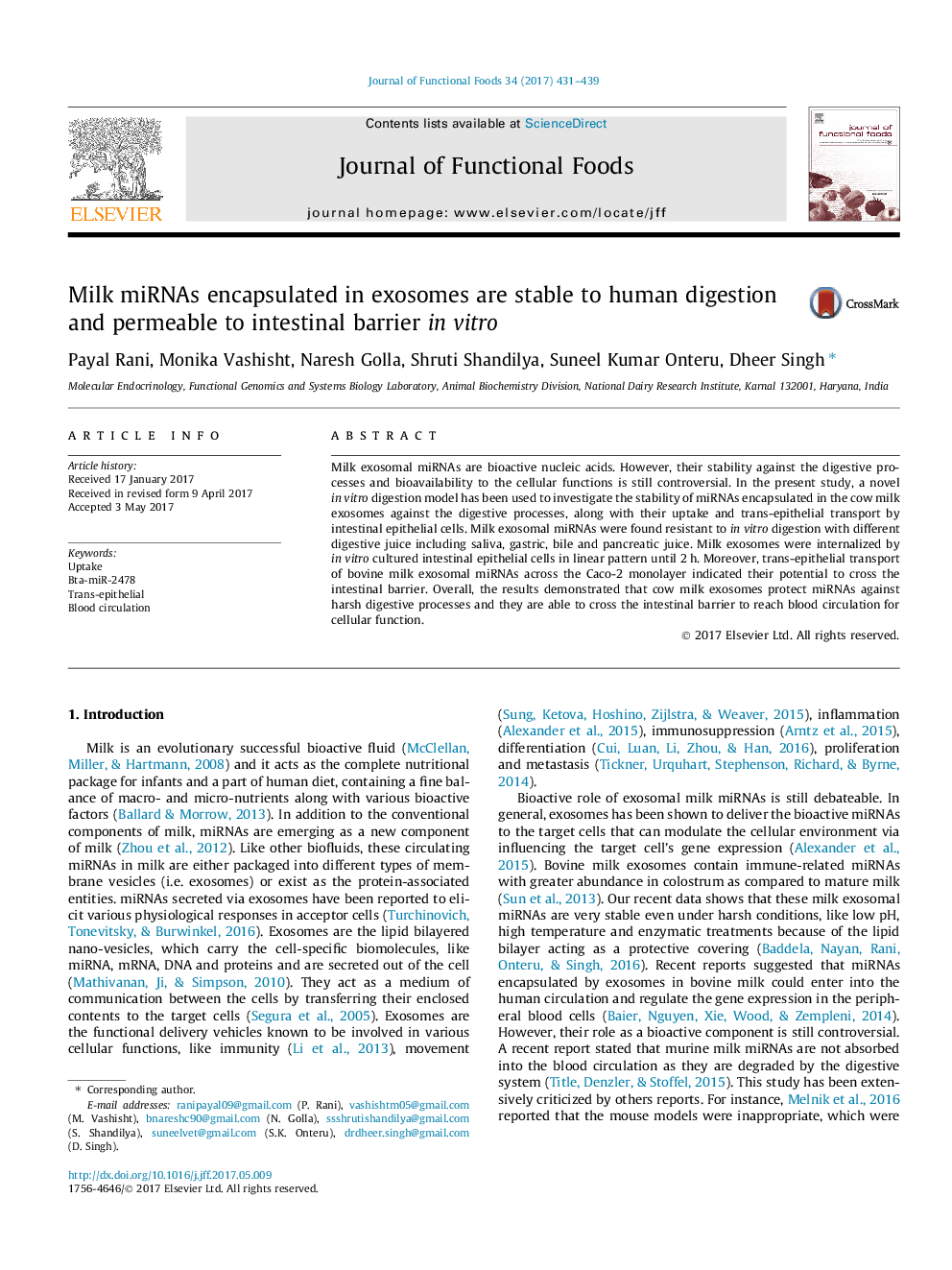 Milk miRNAs encapsulated in exosomes are stable to human digestion and permeable to intestinal barrier in vitro