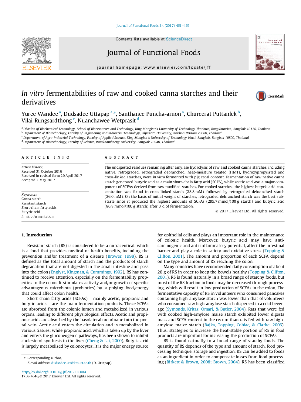 In vitro fermentabilities of raw and cooked canna starches and their derivatives