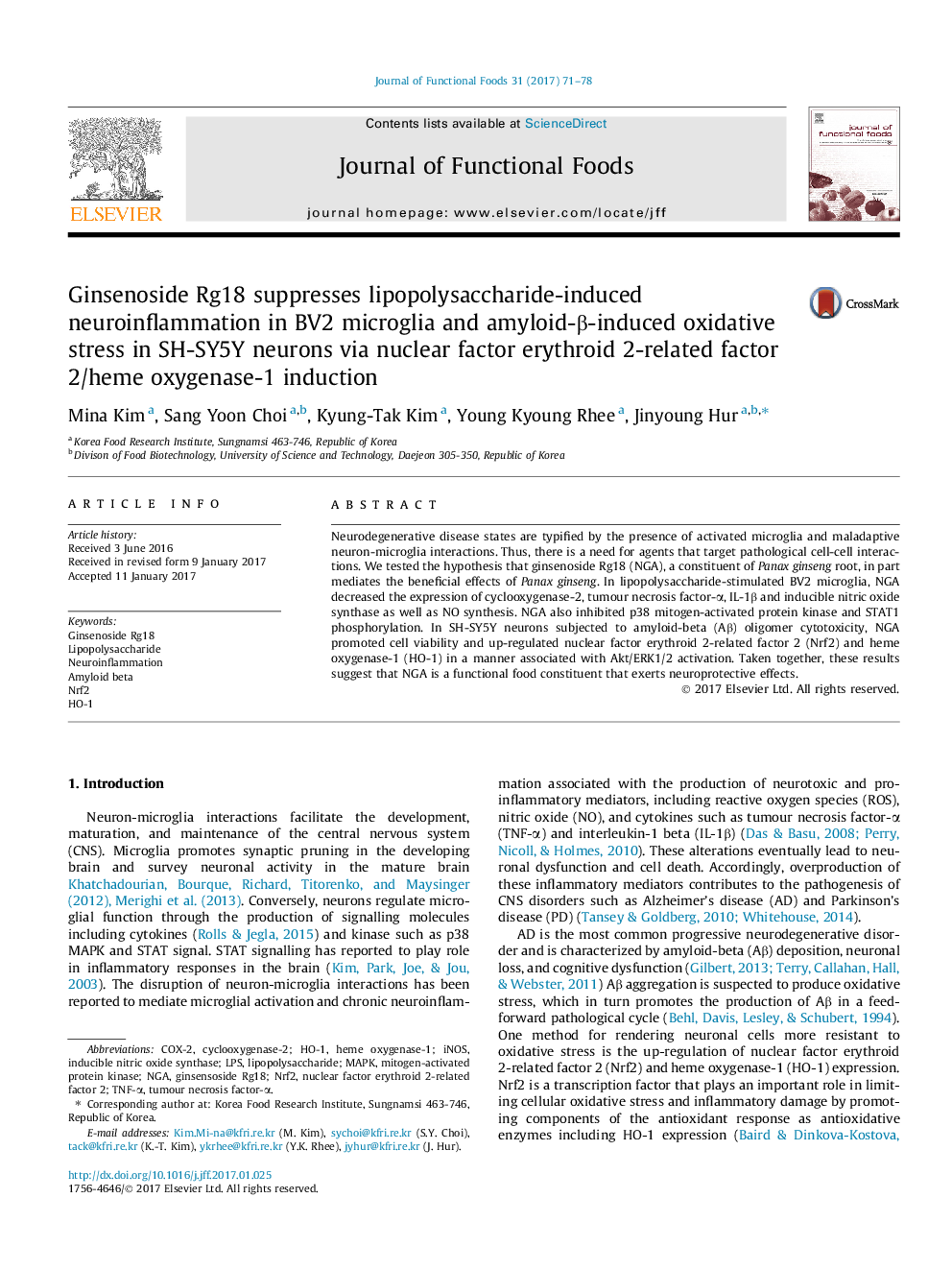 Ginsenoside Rg18 suppresses lipopolysaccharide-induced neuroinflammation in BV2 microglia and amyloid-Î²-induced oxidative stress in SH-SY5Y neurons via nuclear factor erythroid 2-related factor 2/heme oxygenase-1 induction