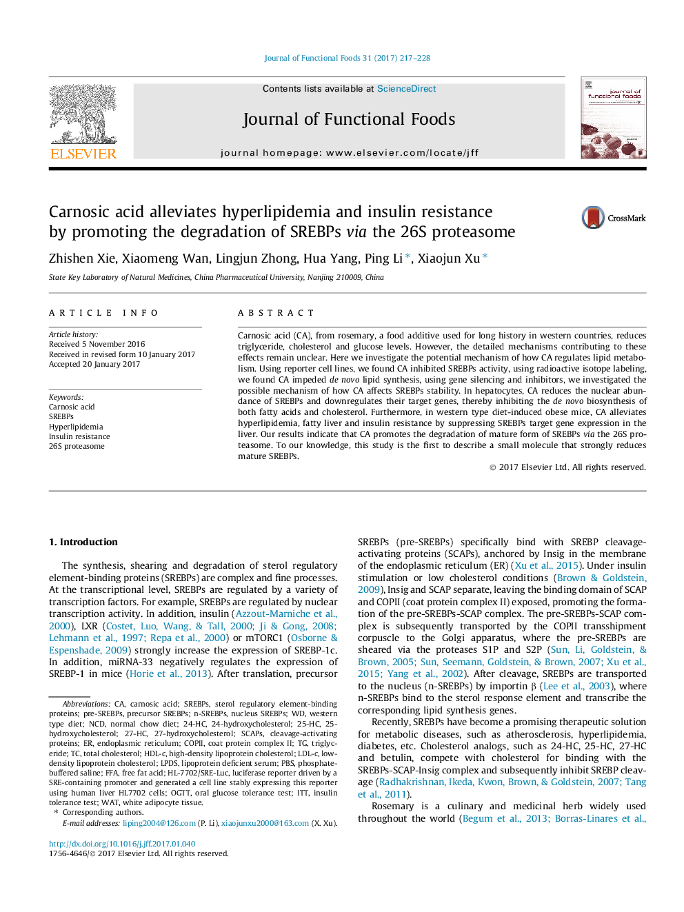 Carnosic acid alleviates hyperlipidemia and insulin resistance by promoting the degradation of SREBPs via the 26S proteasome