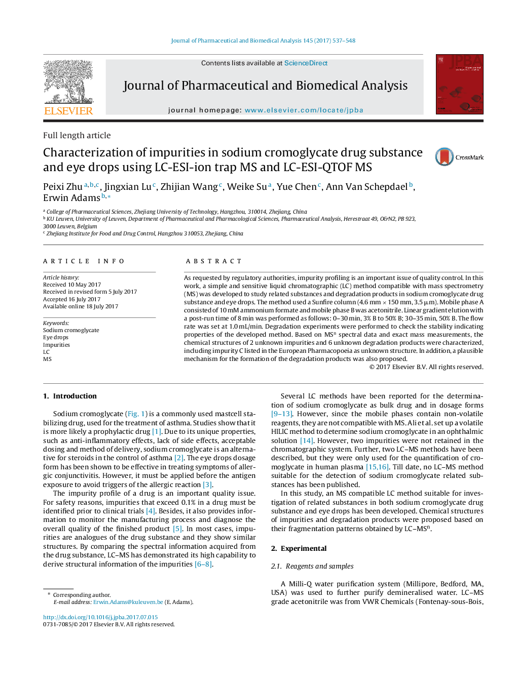 Characterization of impurities in sodium cromoglycate drug substance and eye drops using LC-ESI-ion trap MS and LC-ESI-QTOF MS