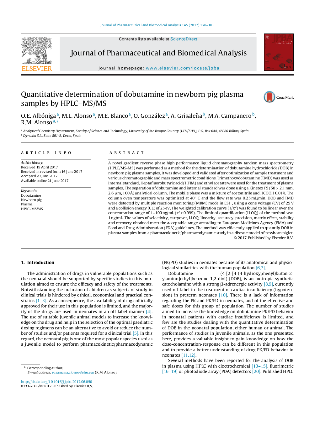 Quantitative determination of dobutamine in newborn pig plasma samples by HPLC-MS/MS