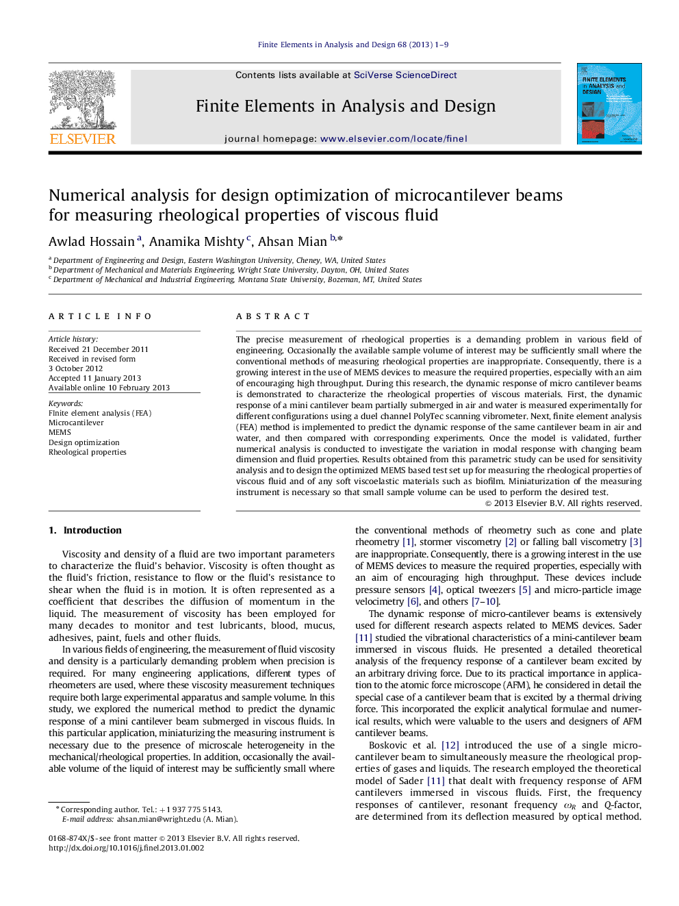 Numerical analysis for design optimization of microcantilever beams for measuring rheological properties of viscous fluid