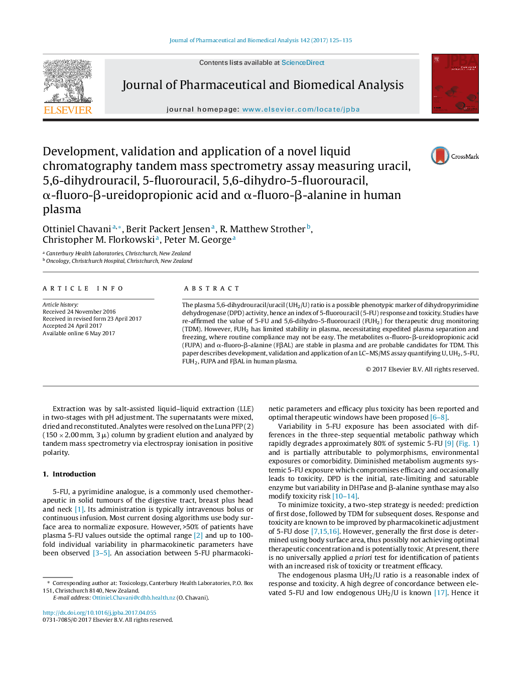 Development, validation and application of a novel liquid chromatography tandem mass spectrometry assay measuring uracil, 5,6-dihydrouracil, 5-fluorouracil, 5,6-dihydro-5-fluorouracil, Î±-fluoro-Î²-ureidopropionic acid and Î±-fluoro-Î²-alanine in human pl