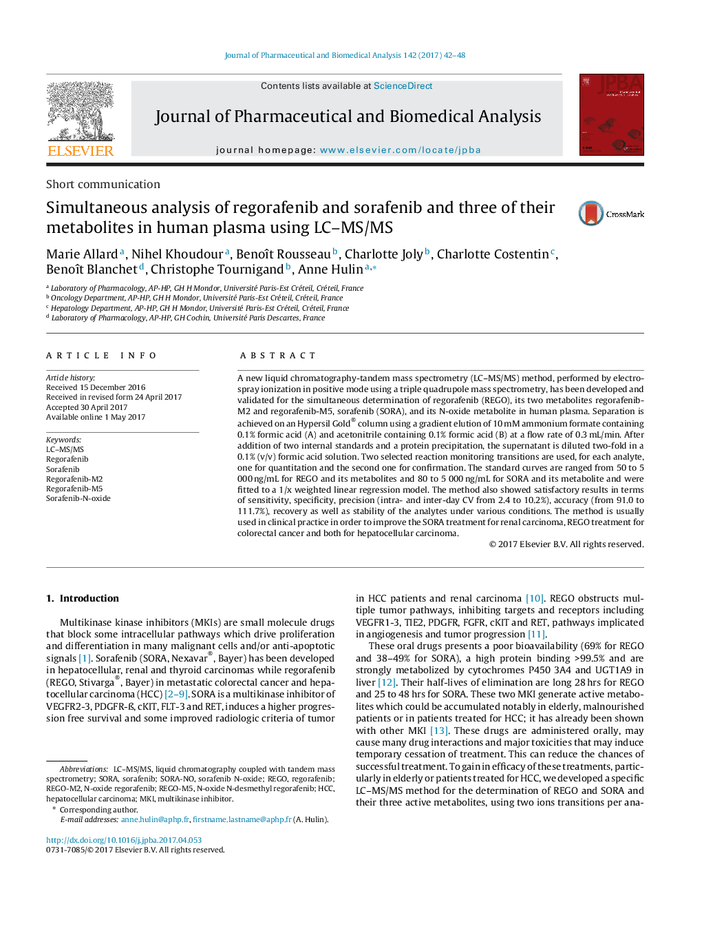 Simultaneous analysis of regorafenib and sorafenib and three of their metabolites in human plasma using LC-MS/MS