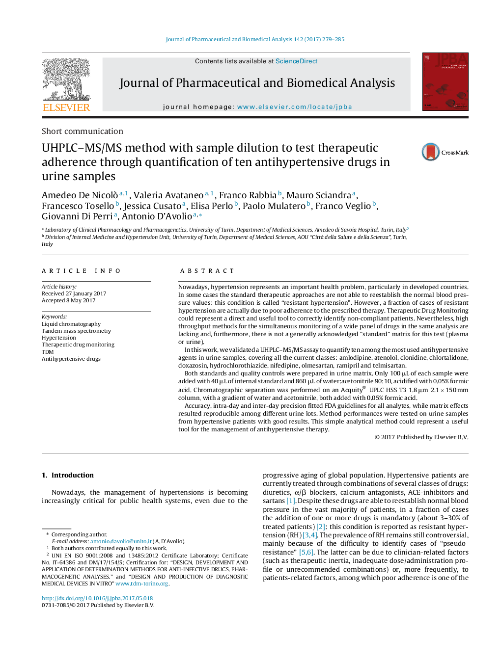 UHPLC-MS/MS method with sample dilution to test therapeutic adherence through quantification of ten antihypertensive drugs in urine samples