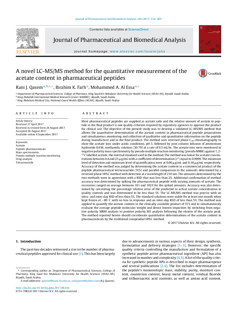 A novel LC-MS/MS method for the quantitative measurement of the acetate content in pharmaceutical peptides