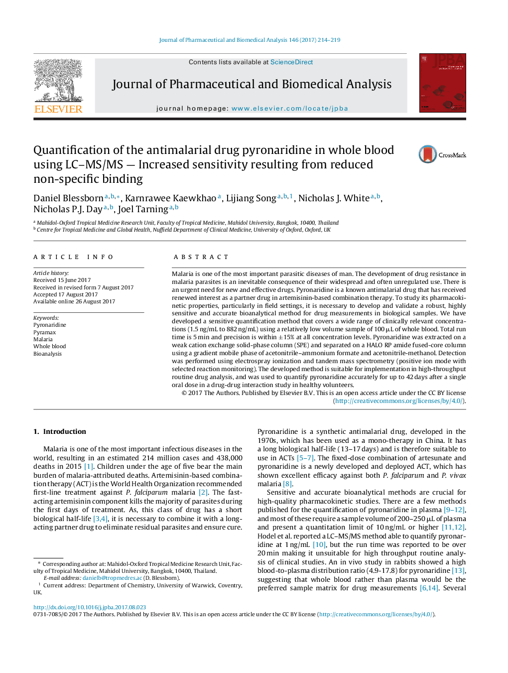 Quantification of the antimalarial drug pyronaridine in whole blood using LC-MS/MS - Increased sensitivity resulting from reduced non-specific binding