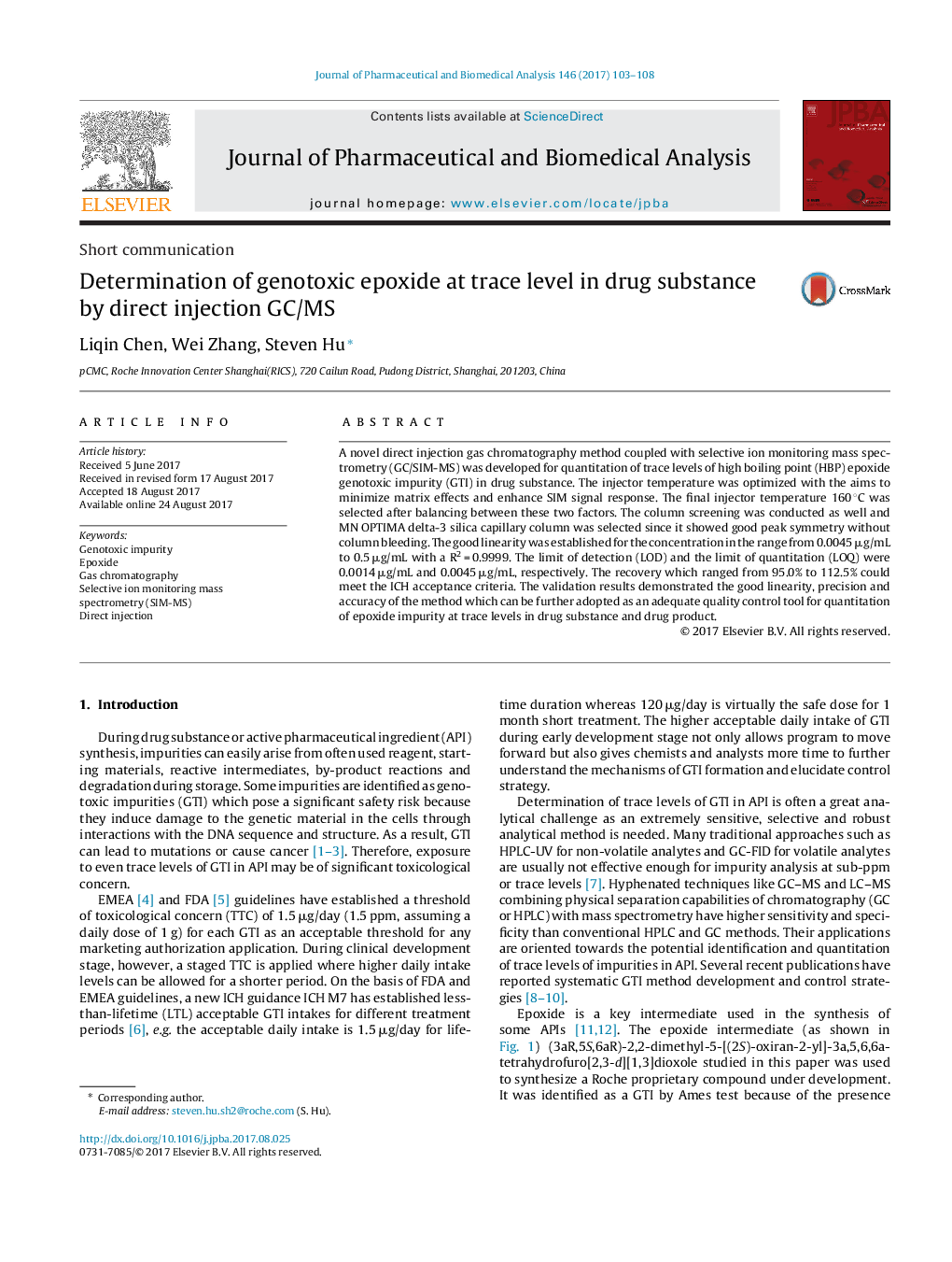 Short communicationDetermination of genotoxic epoxide at trace level in drug substance by direct injection GC/MS