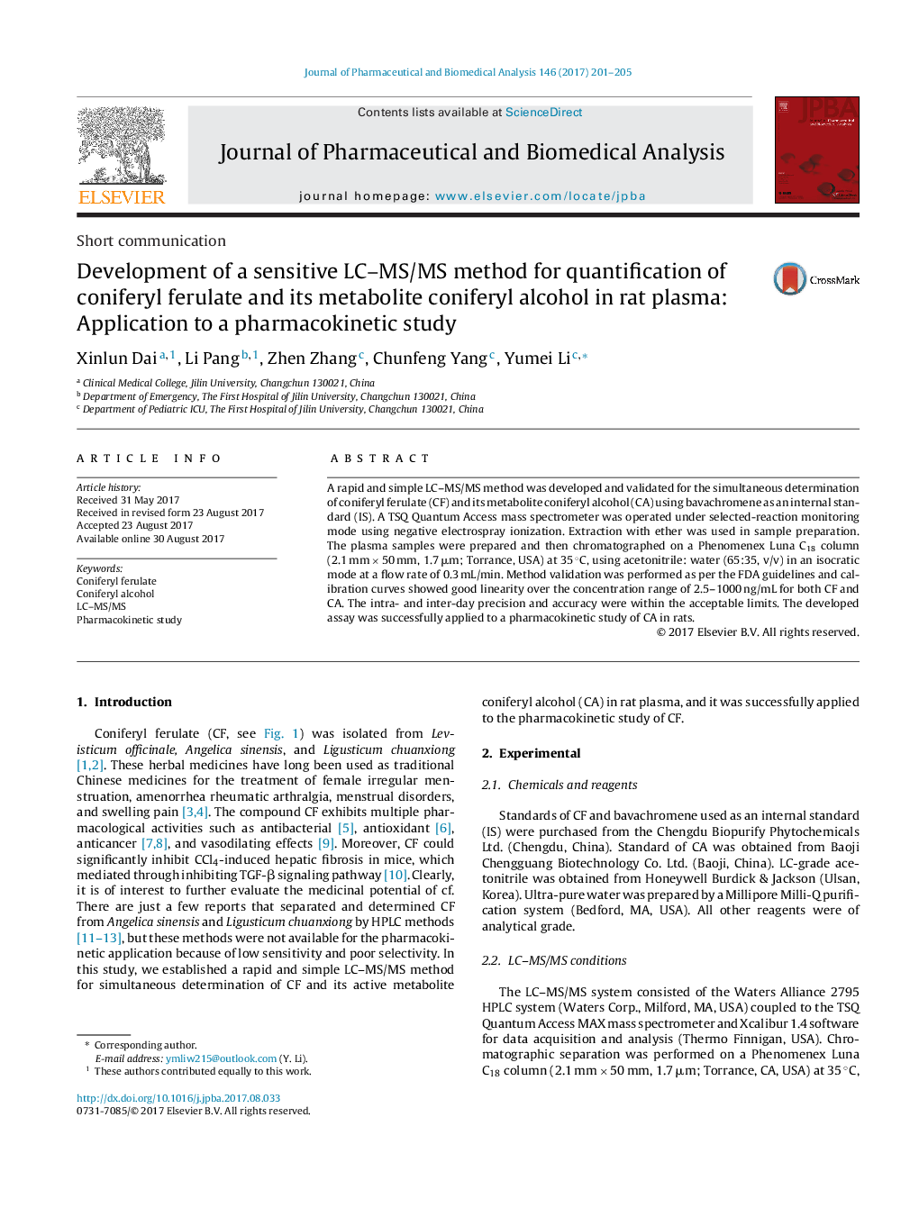 Short communicationDevelopment of a sensitive LC-MS/MS method for quantification of coniferyl ferulate and its metabolite coniferyl alcohol in rat plasma: Application to a pharmacokinetic study