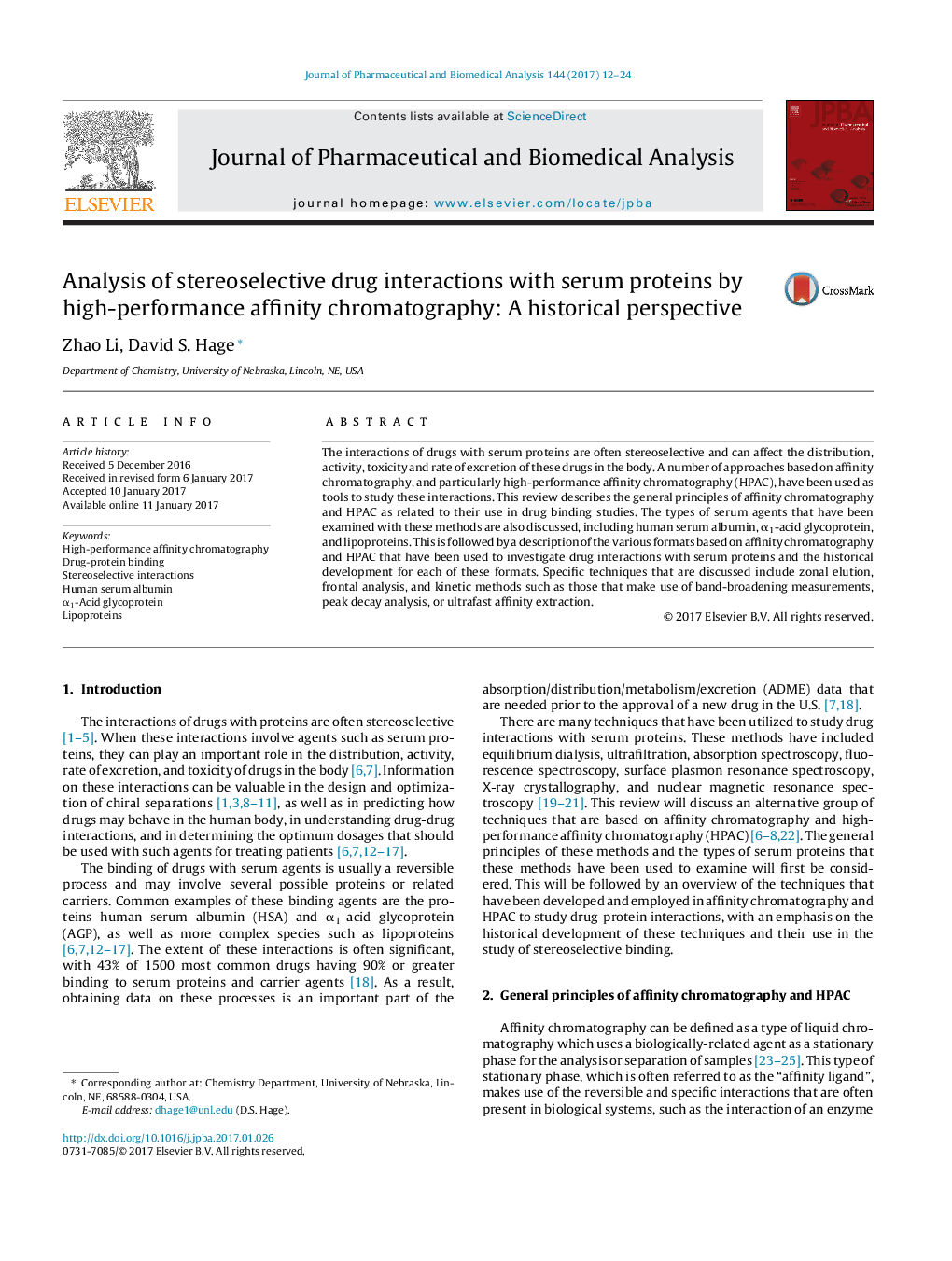 Analysis of stereoselective drug interactions with serum proteins by high-performance affinity chromatography: A historical perspective