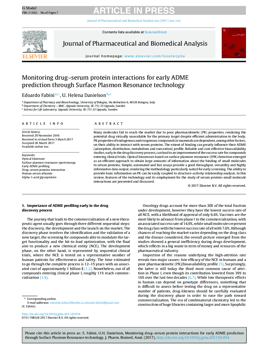 Monitoring drug-serum protein interactions for early ADME prediction through Surface Plasmon Resonance technology